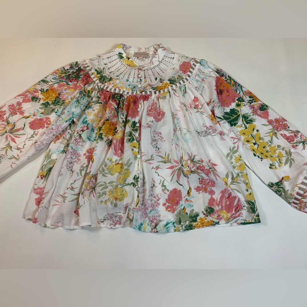 Ciebon Patchwork Dreams Blouse size small puffed long sleeves oversized (S) - Picture 15 of 16